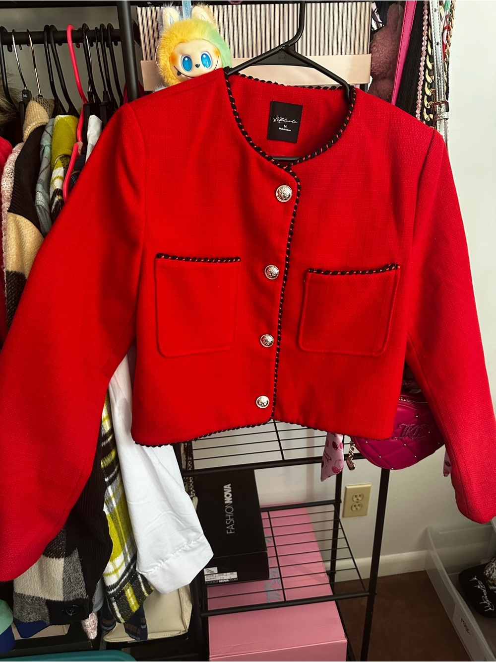 Cropped Red Boxy Blazer with Contrast Trim